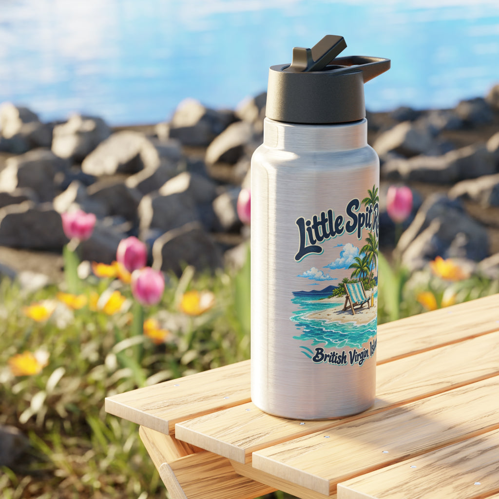Little Spit Resort BVI artwork on a silver Gator 32-ounce tumbler with black lid in a product mockup.