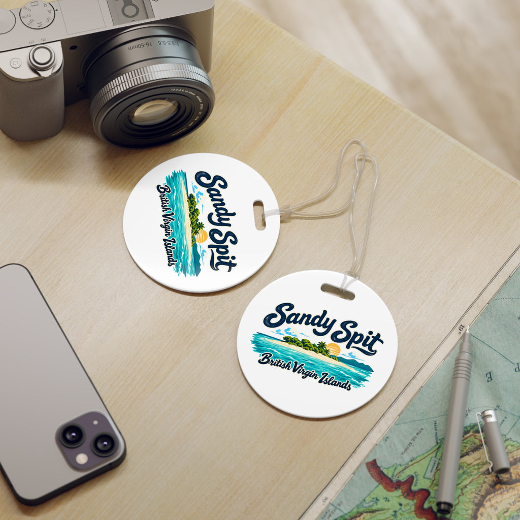 Sandy Spit British Virgin Islands double-sided luggage tag shown in a travel-setting product mockup.