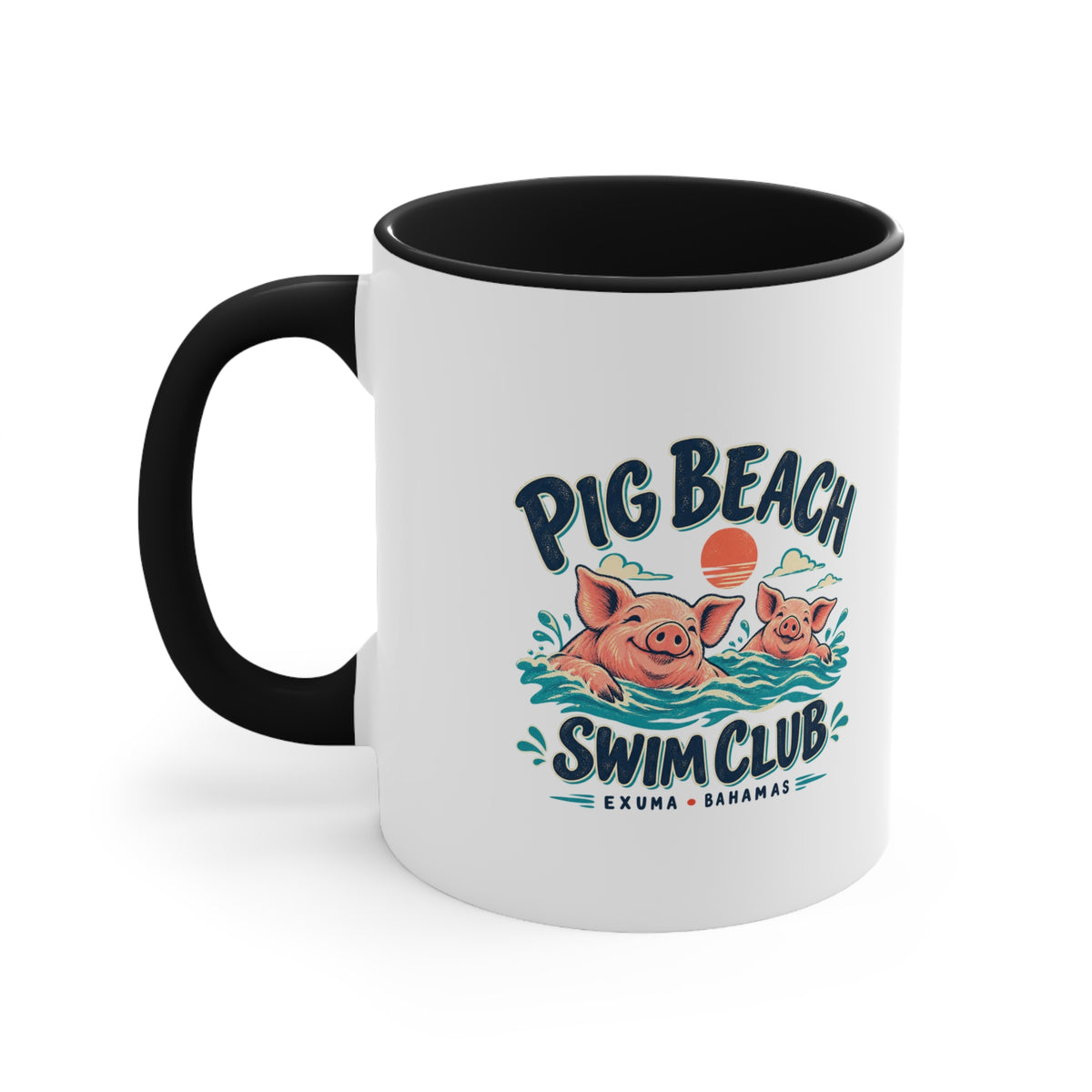Pig Beach Swim Club Exuma Bahamas accent mug with colorful swimming-pig artwork printed on both sides.