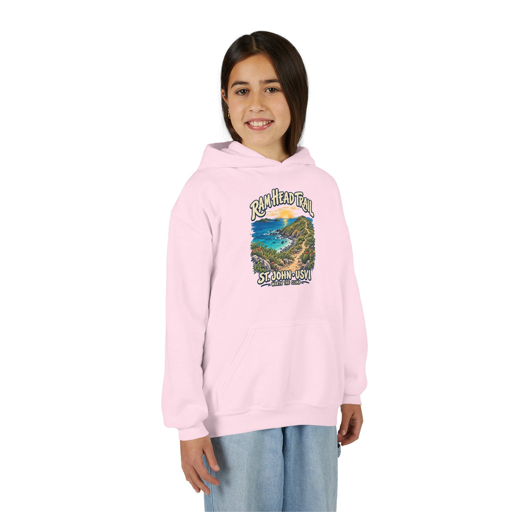 Youth model wearing a Gildan 18500B hoodie with Ram Head Trail St John USVI coastal artwork.