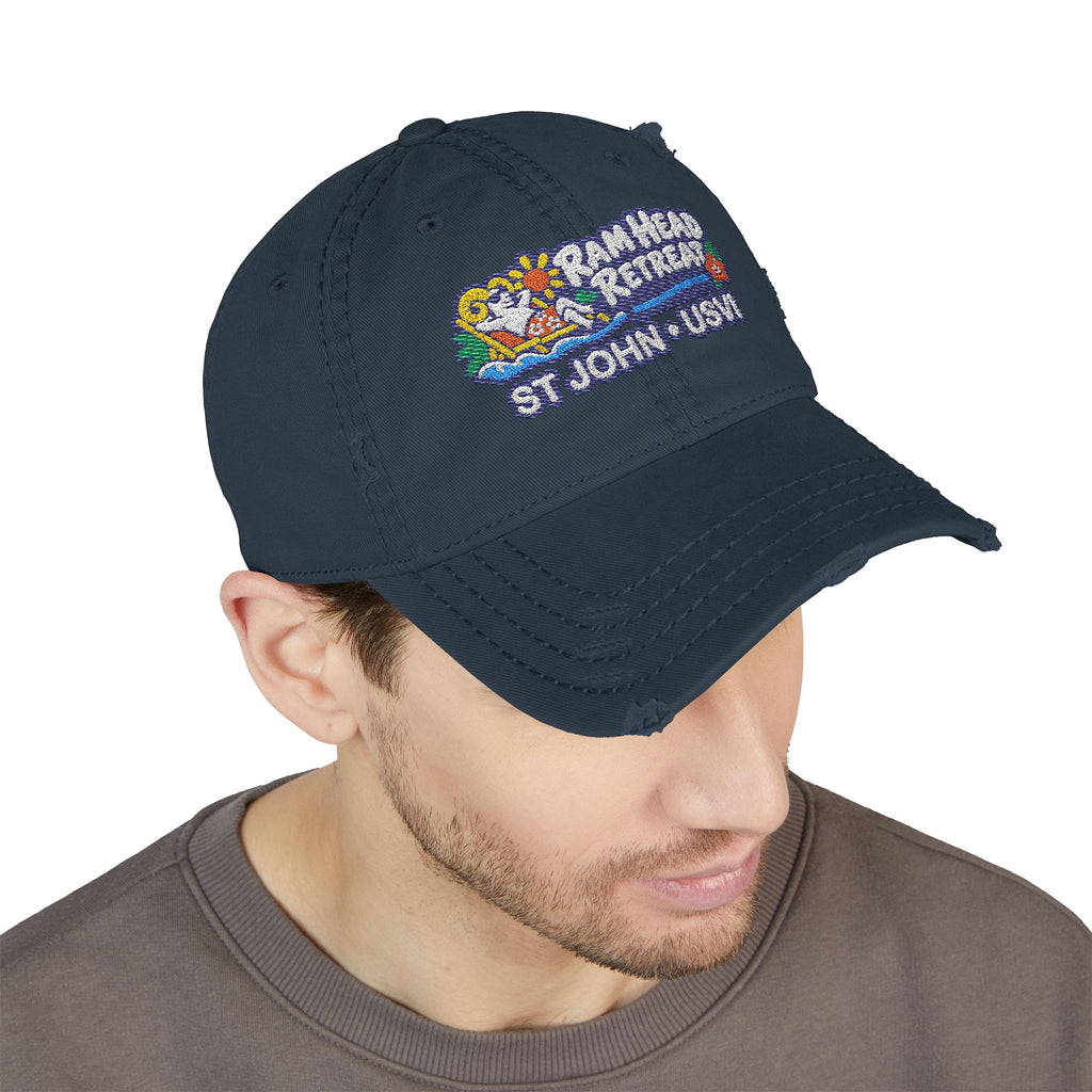 Ram Head Retreat St John USVI embroidered distressed dad hat, product and model view 5