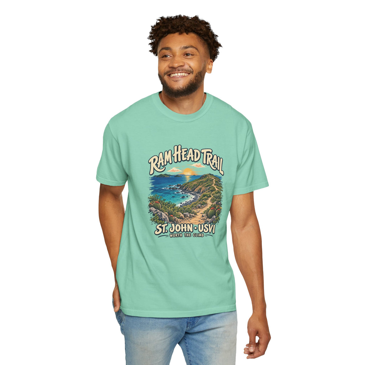 Model wearing a Comfort Colors 1717 T-shirt with the Ram Head Trail coastal illustration and St. John USVI lettering on the front.