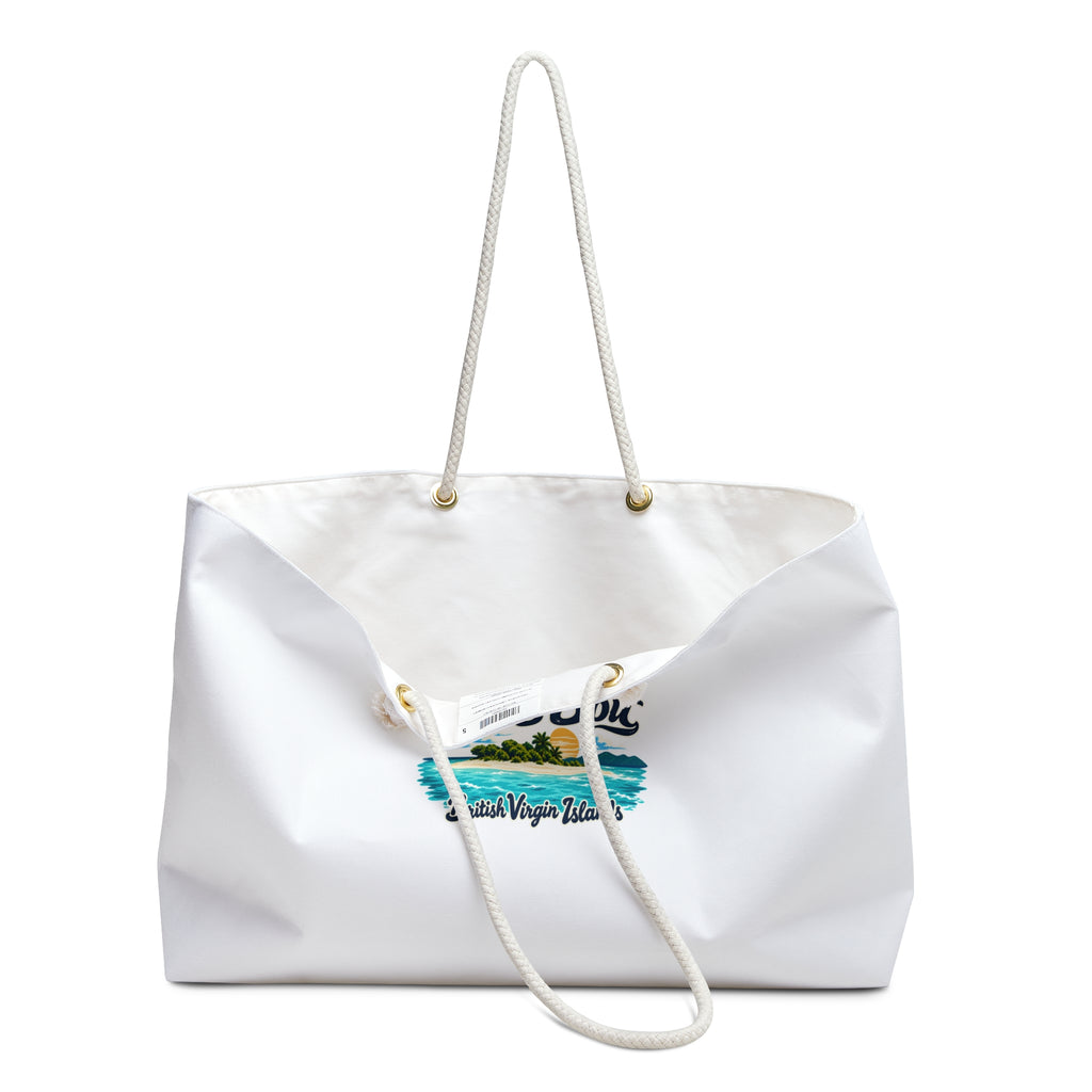 Sandy Spit BVI Weekender Bag shown open with rope handles.