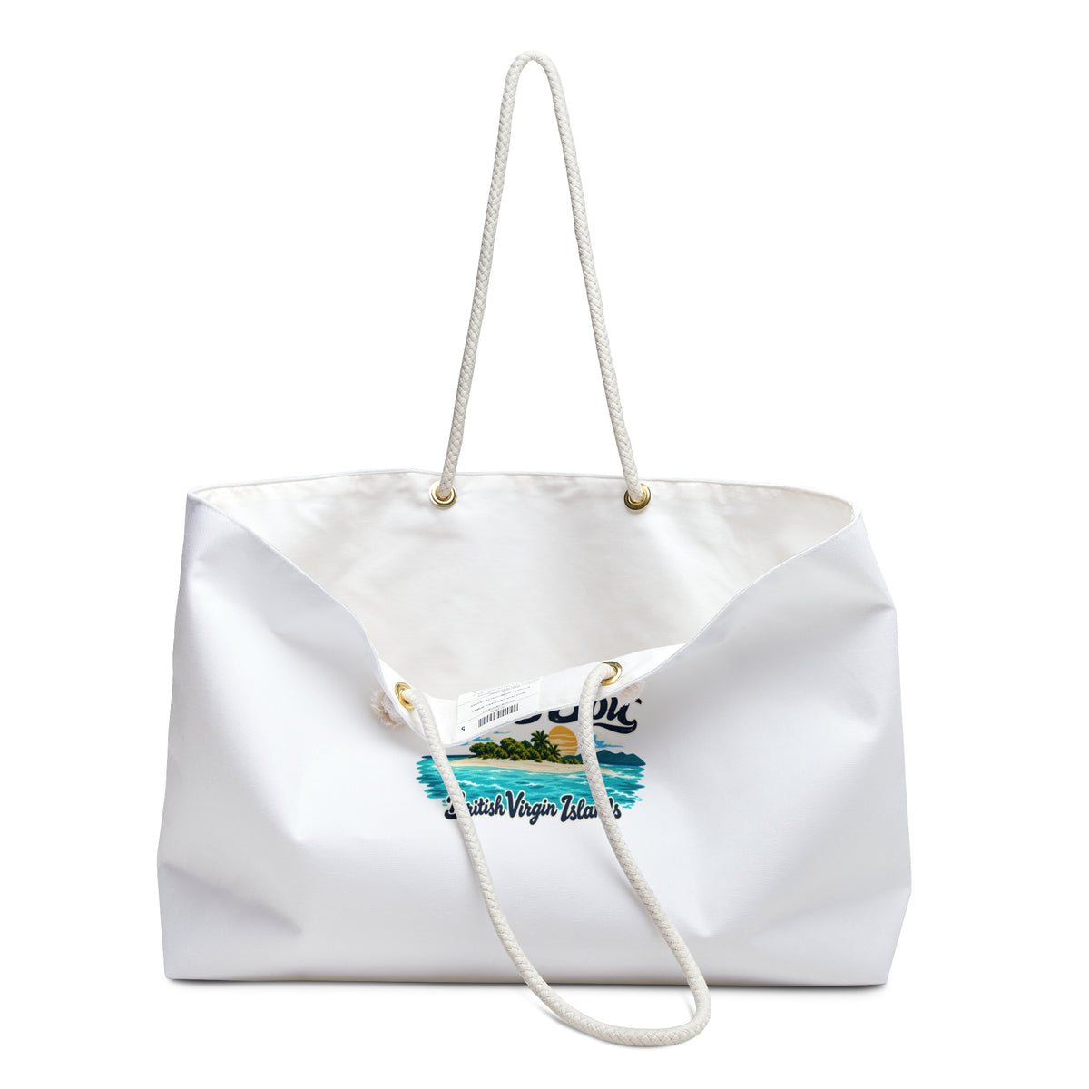 Sandy Spit BVI Weekender Bag shown open with rope handles.