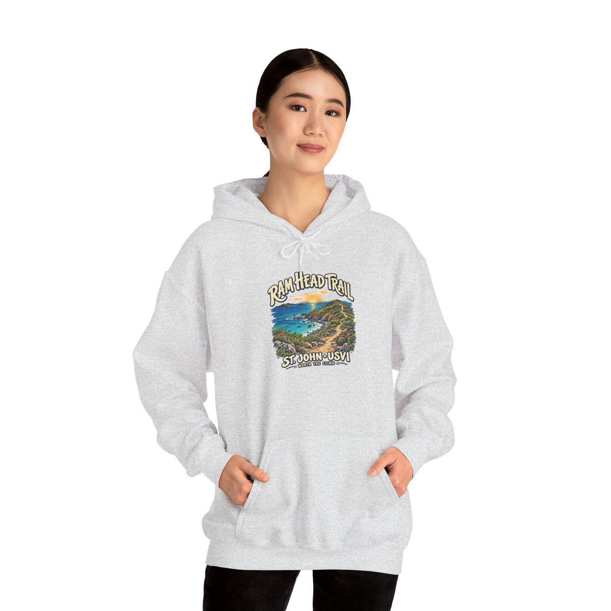 Model wearing a Gildan 18500 hoodie with the Ram Head Trail coastal design and St. John USVI lettering on the front.