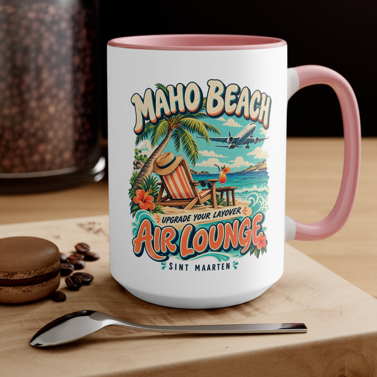 Maho Beach Air Lounge Sint Maarten Accent Coffee Mug illustrated destination design, product mockup