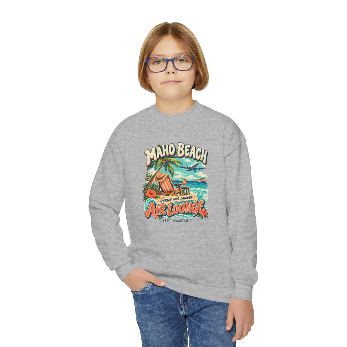 Maho Beach Air Lounge Sint Maarten Gildan 18000B Youth Sweatshirt featuring the Maho Beach destination artwork, supplier product mockup