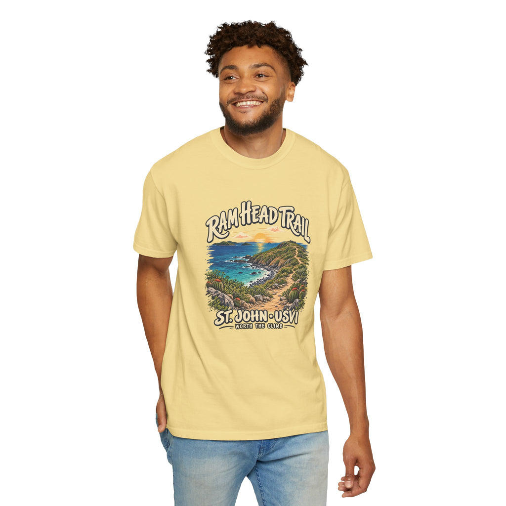 Model wearing a Comfort Colors 1717 T-shirt with the Ram Head Trail coastal illustration and St. John USVI lettering on the front.