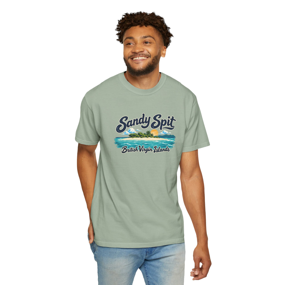 Model wearing the Sandy Spit BVI Comfort Colors 1717 T-shirt with colorful palm-tree island artwork and British Virgin Islands lettering.