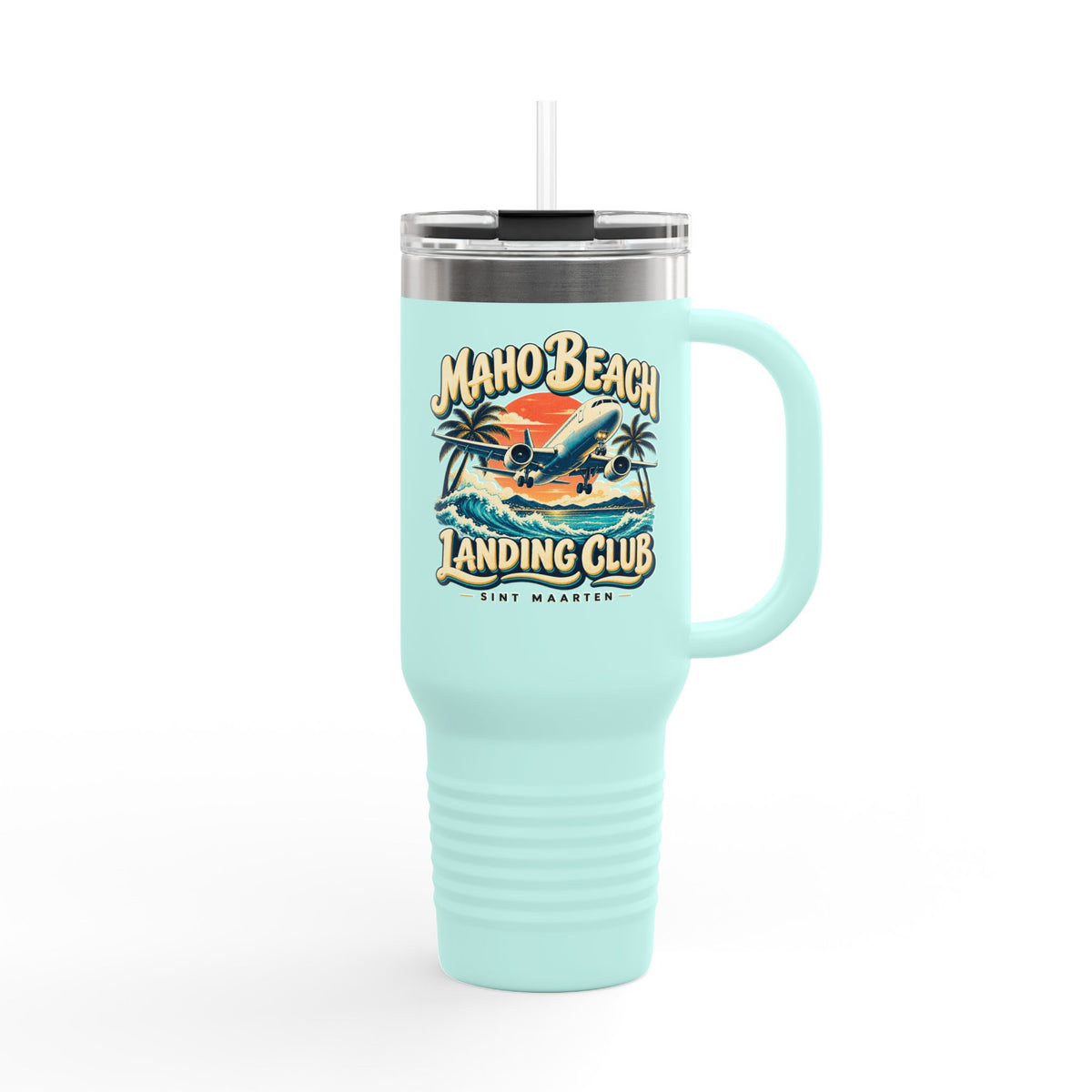 Maho Beach Landing Club Sint Maarten Polar Camel 40 oz Travel Mug illustrated destination design, product mockup