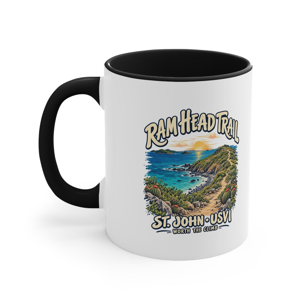 Ram Head Trail St John USVI coastal artwork on the printed side of a ceramic accent coffee mug.