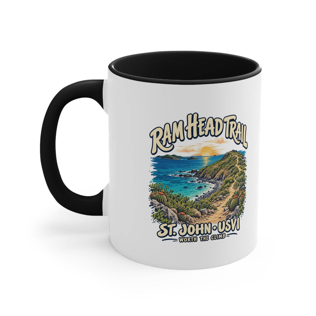 Ram Head Trail St John USVI coastal artwork on the printed side of a ceramic accent coffee mug.