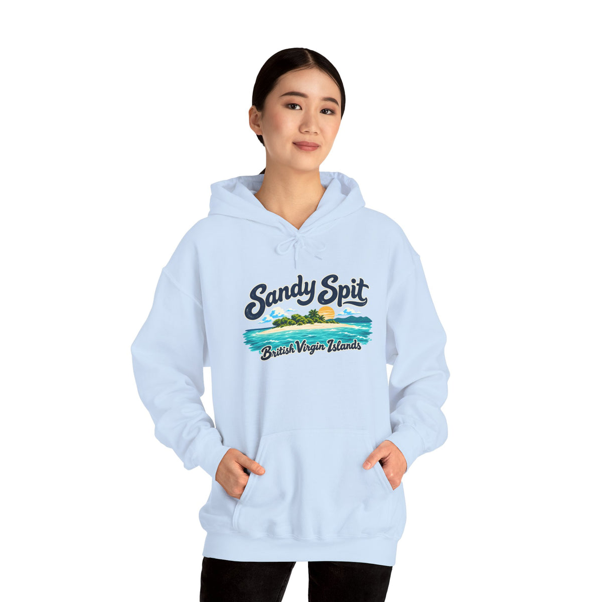 Model wearing the Sandy Spit BVI Gildan 18500 hoodie with colorful palm-tree island artwork and British Virgin Islands lettering.