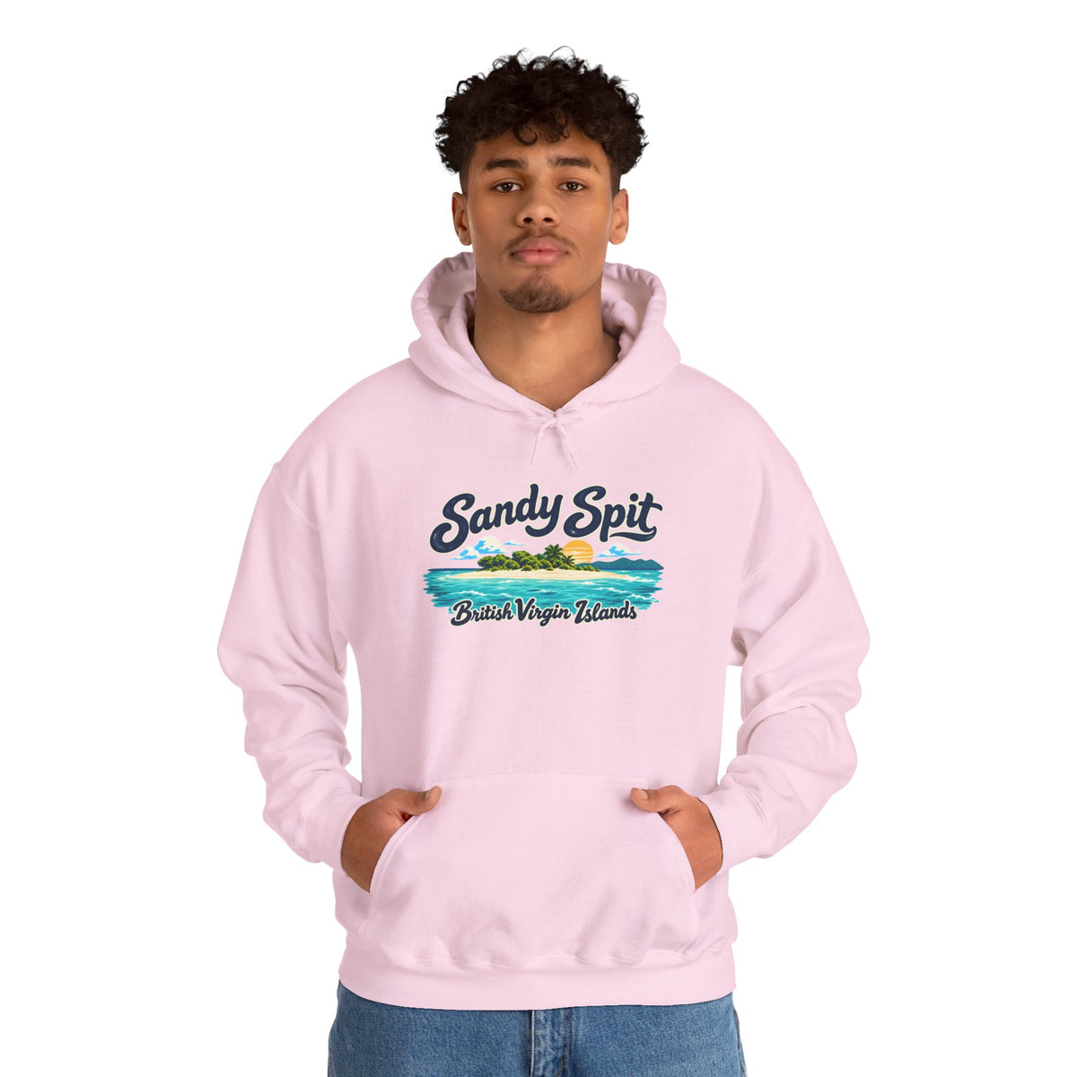 Model wearing the Sandy Spit BVI Gildan 18500 hoodie with colorful palm-tree island artwork and British Virgin Islands lettering.