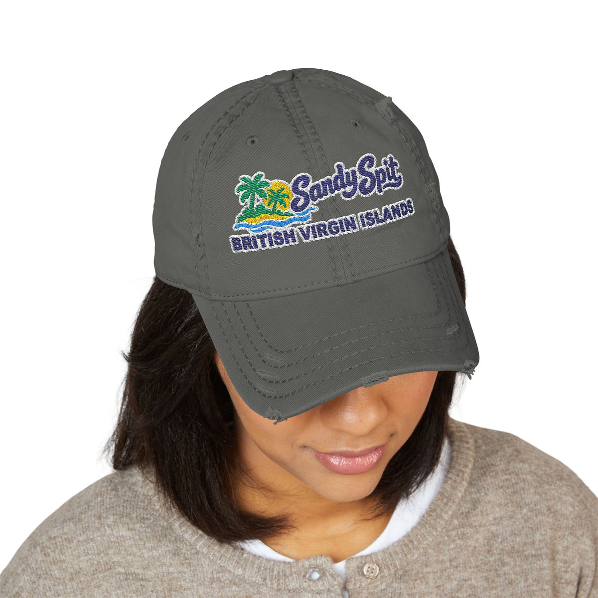 Model wearing the Sandy Spit BVI embroidered OTTO 104-1018 distressed dad hat, front-view mockup.