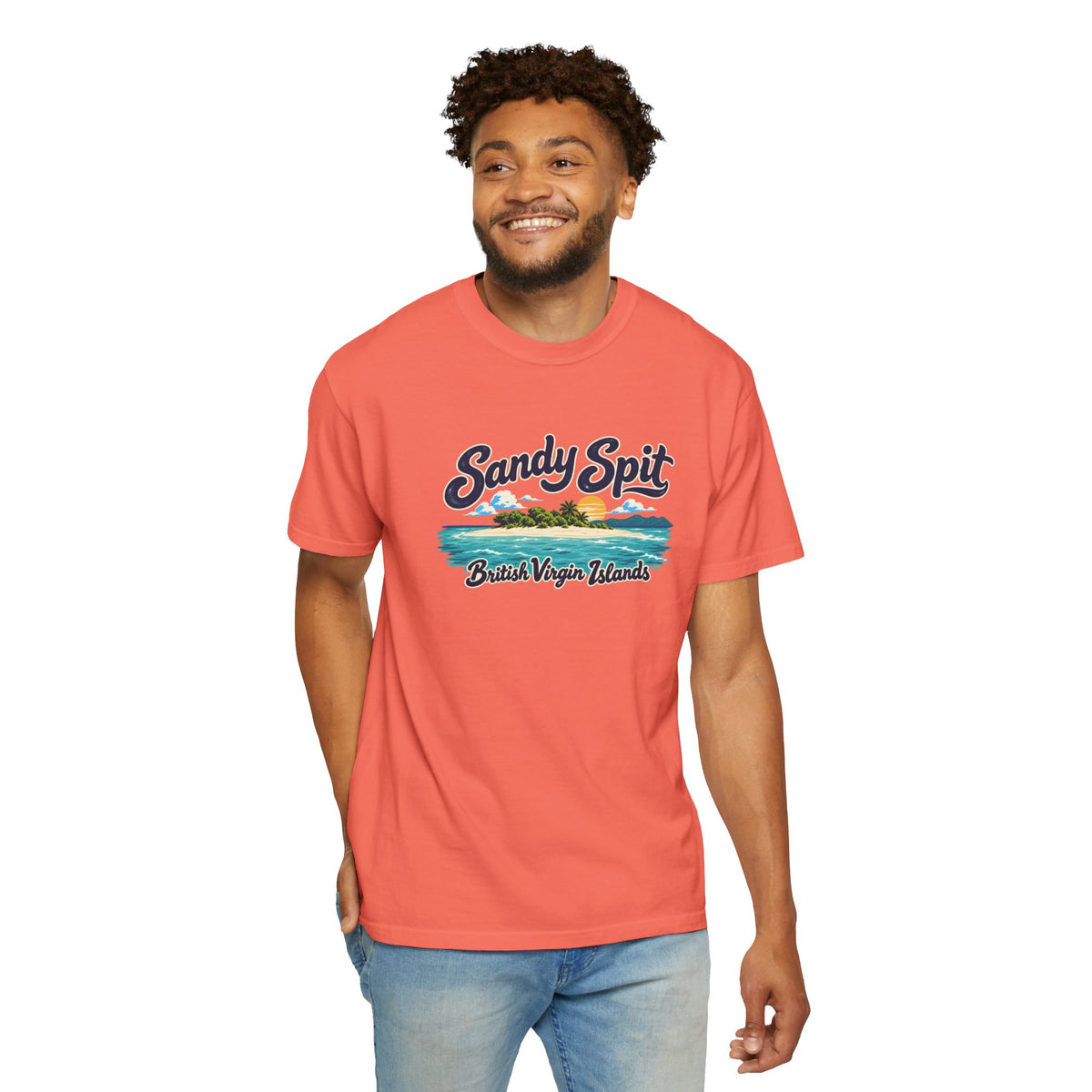 Model wearing the Sandy Spit BVI Comfort Colors 1717 T-shirt with colorful palm-tree island artwork and British Virgin Islands lettering.