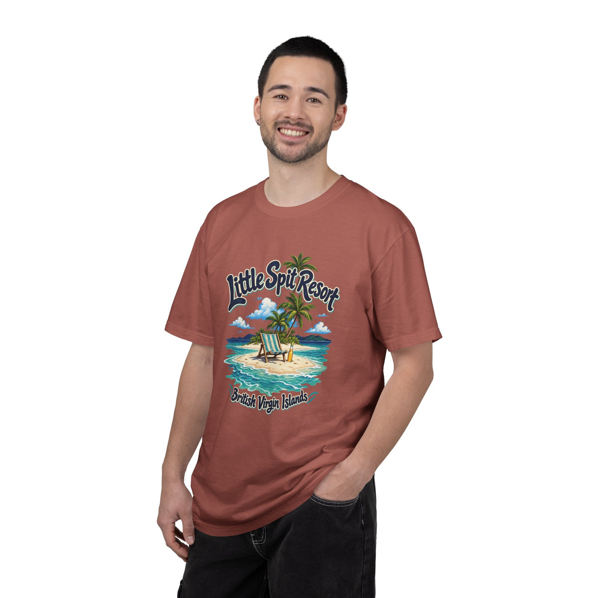 Model wearing the Little Spit Resort BVI Comfort Colors 1717 T-shirt with a playful beach-chair, palm-tree, and bottle illustration.