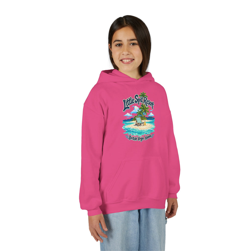 Young model wearing the Little Spit Resort BVI Gildan 18500B youth hoodie, front-view mockup.