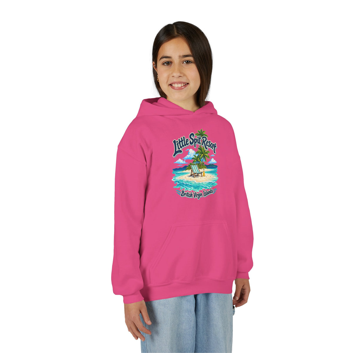 Young model wearing the Little Spit Resort BVI Gildan 18500B youth hoodie, front-view mockup.