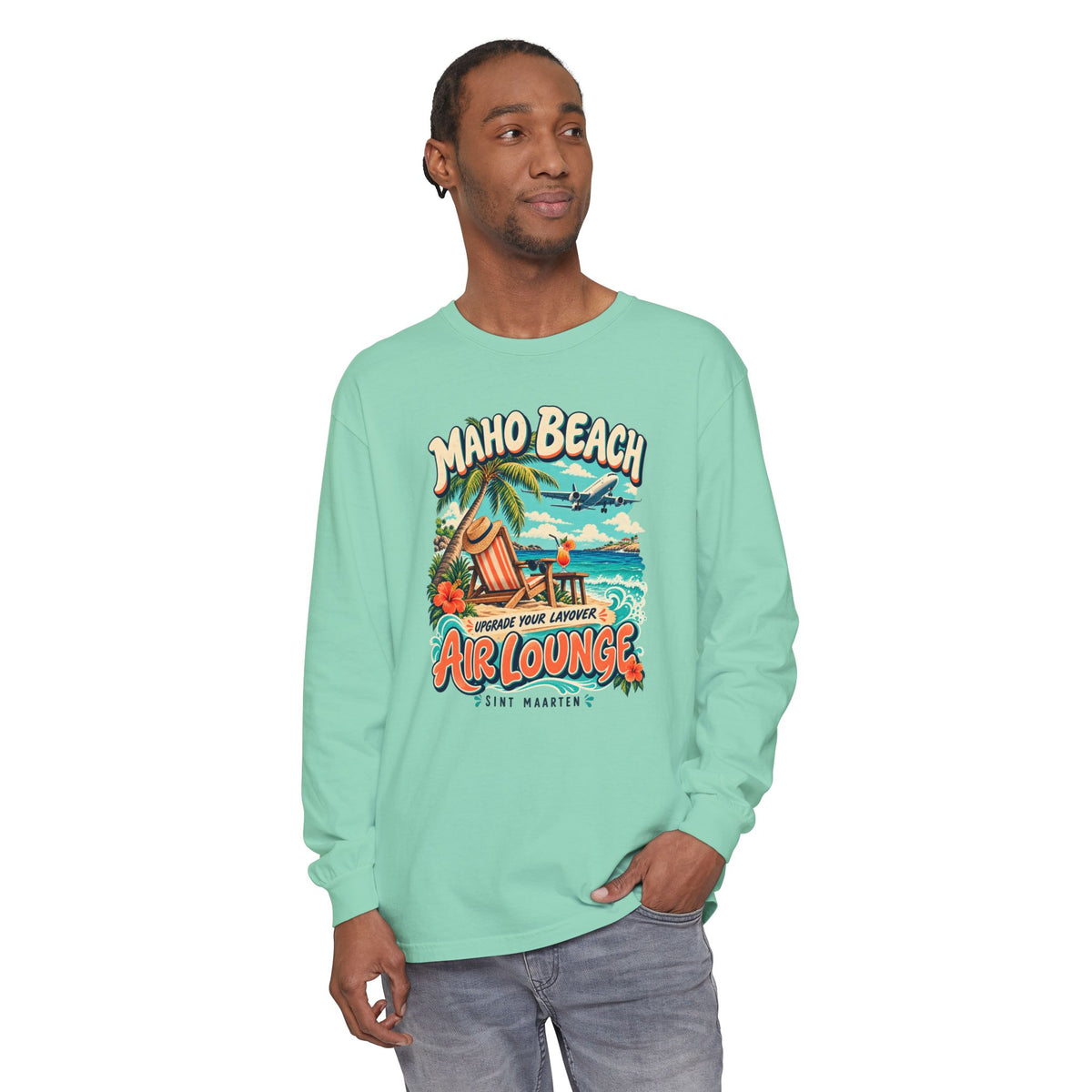 Maho Beach Air Lounge Sint Maarten Comfort Colors 6014 Long-Sleeve T-Shirt featuring the Maho Beach destination artwork, supplier product mockup