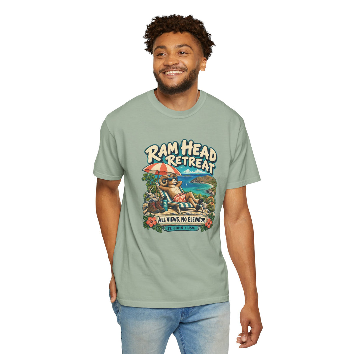 Model wearing a Comfort Colors 1717 T-shirt with the Ram Head Retreat lounging ram illustration and St. John USVI lettering.