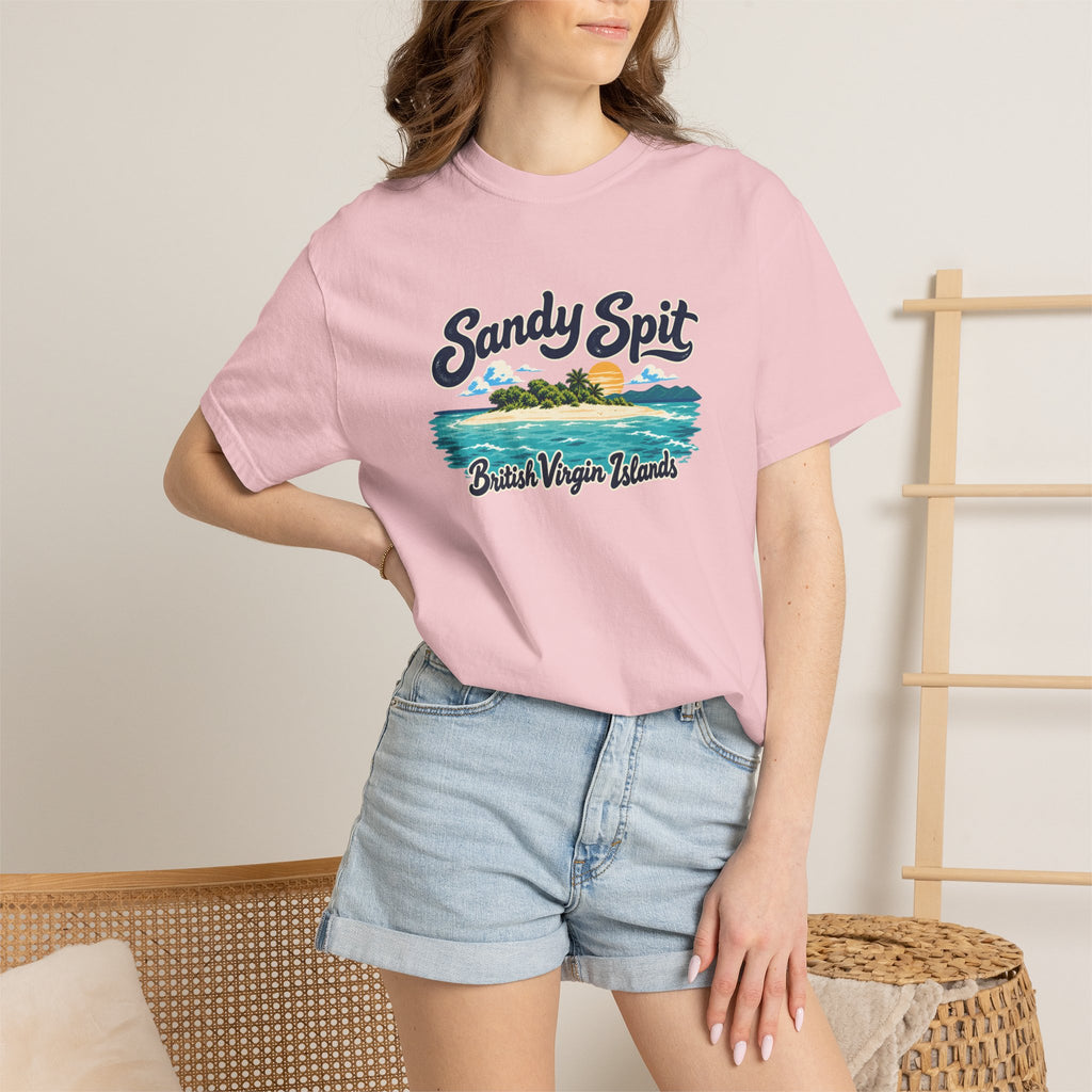 Model wearing the Sandy Spit BVI Comfort Colors 1717 T-shirt with colorful palm-tree island artwork and British Virgin Islands lettering.
