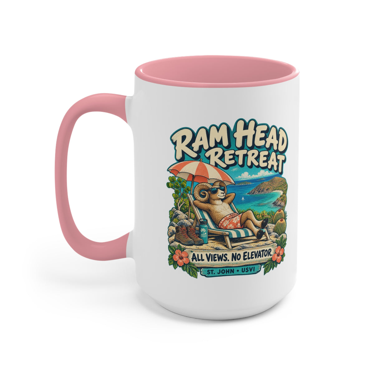 Ram Head Retreat St John USVI accent mug displaying the lounging ram design on its printed side.