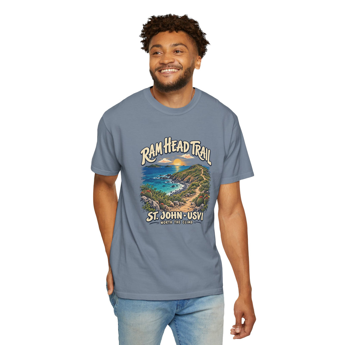 Model wearing a Comfort Colors 1717 T-shirt with the Ram Head Trail coastal illustration and St. John USVI lettering on the front.