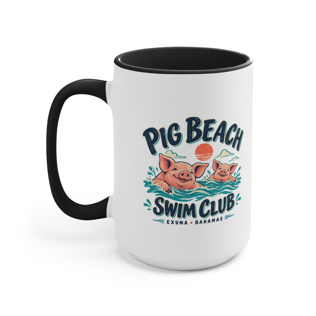 Pig Beach Swim Club Exuma Bahamas accent mug with colorful swimming-pig artwork printed on both sides.
