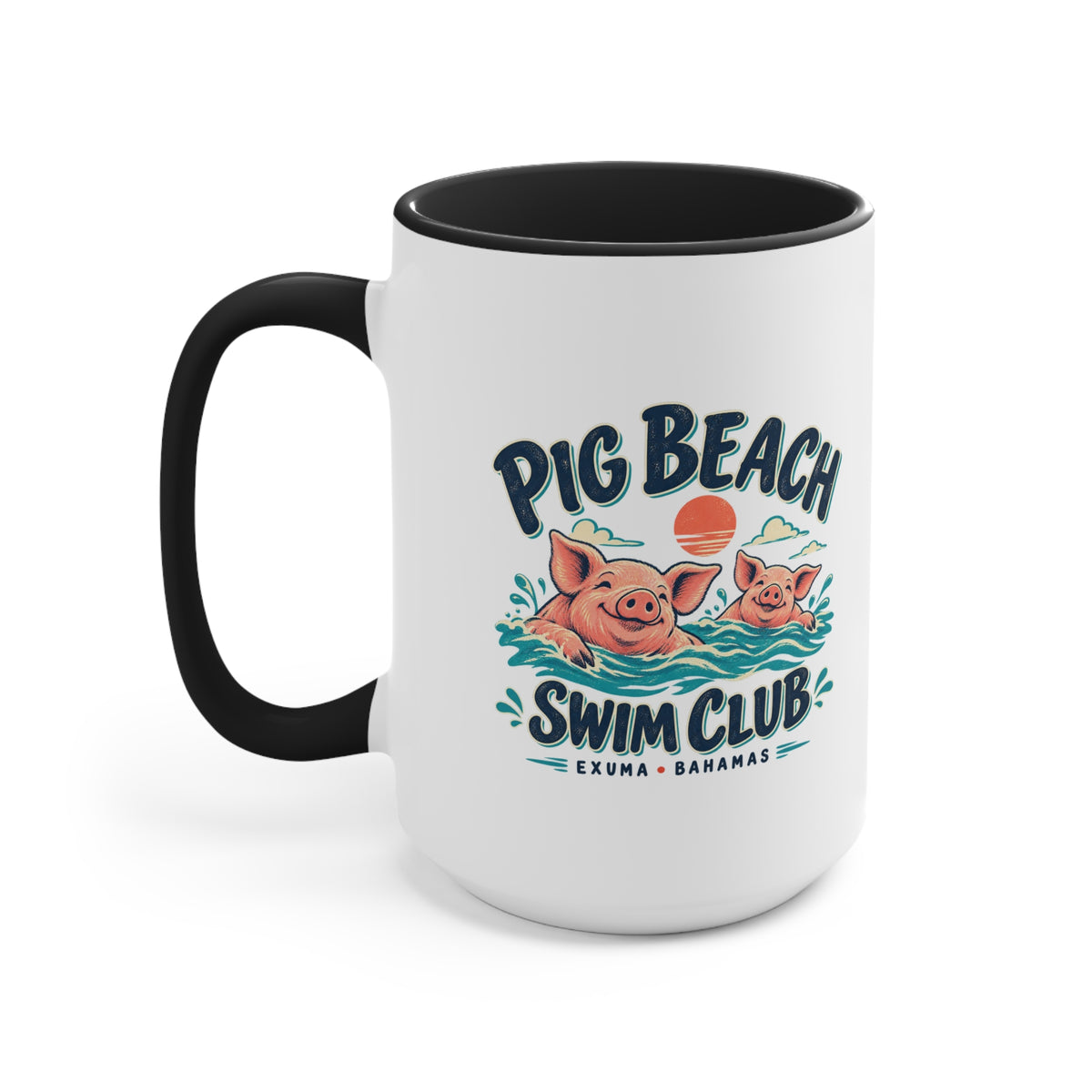 Pig Beach Swim Club Exuma Bahamas accent mug with colorful swimming-pig artwork printed on both sides.