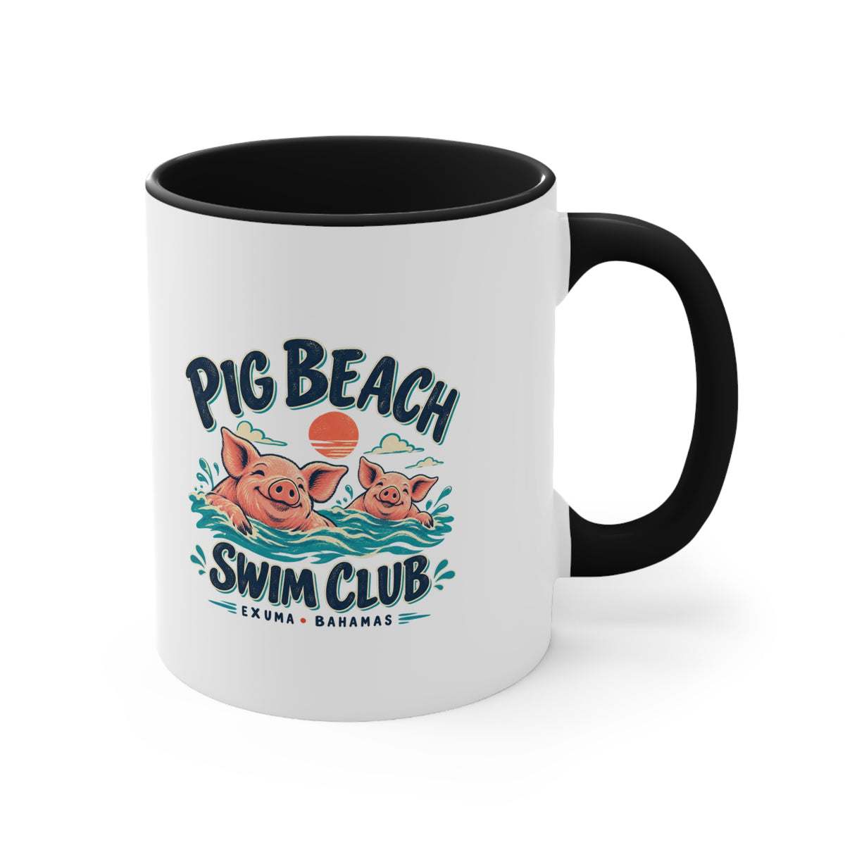 Pig Beach Swim Club Exuma Bahamas accent mug with colorful swimming-pig artwork printed on both sides.