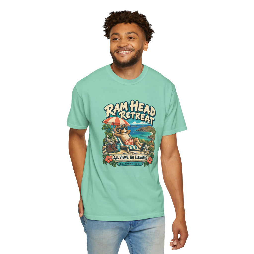 Model wearing a Comfort Colors 1717 T-shirt with the Ram Head Retreat lounging ram illustration and St. John USVI lettering.