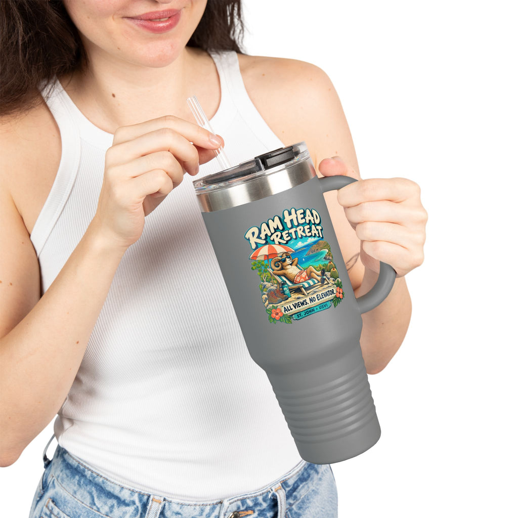 Ram Head Retreat St John USVI artwork on a Polar Camel 40 oz travel mug with handle, lid and straw.