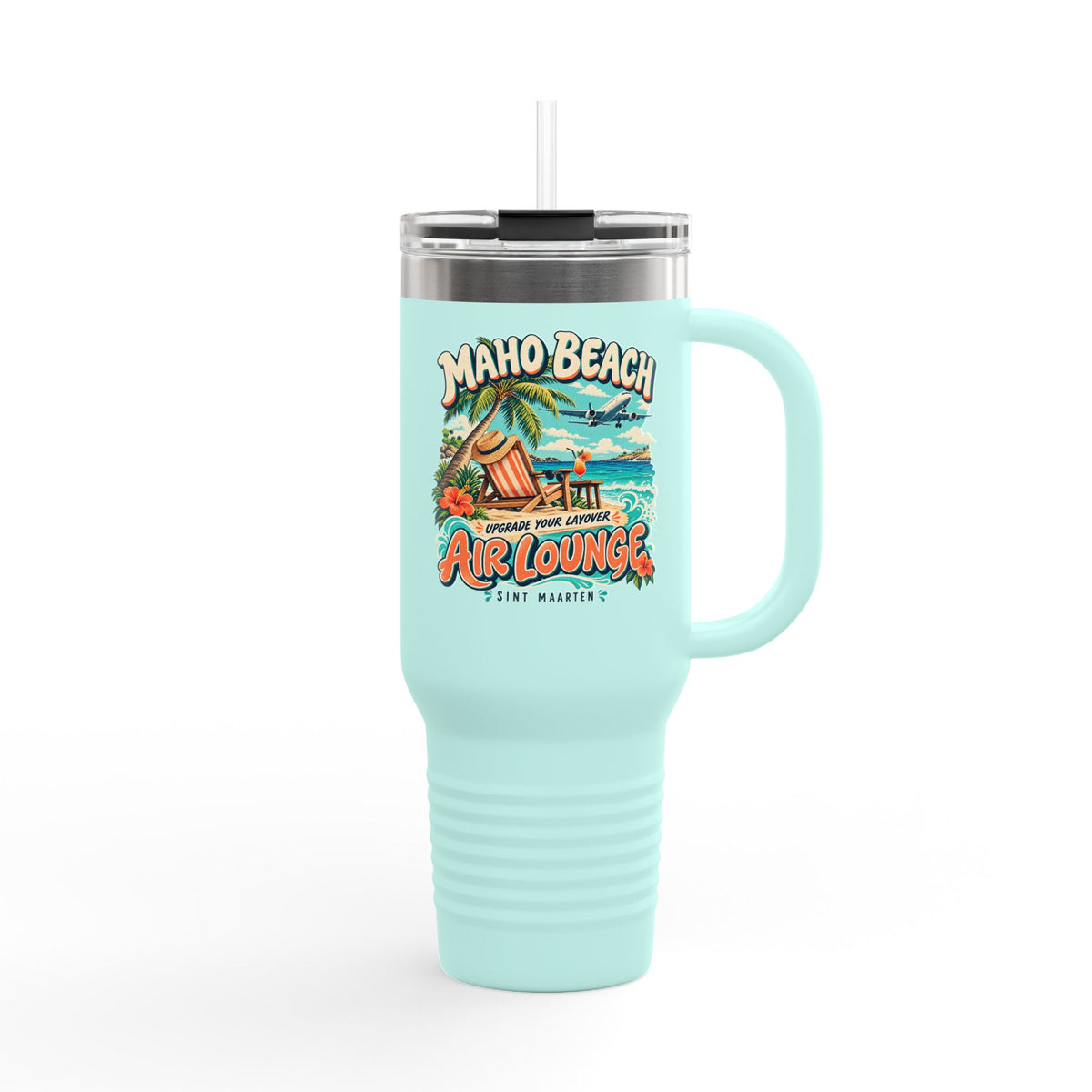 Maho Beach Air Lounge Sint Maarten Polar Camel 40 oz Travel Mug illustrated destination design, product mockup