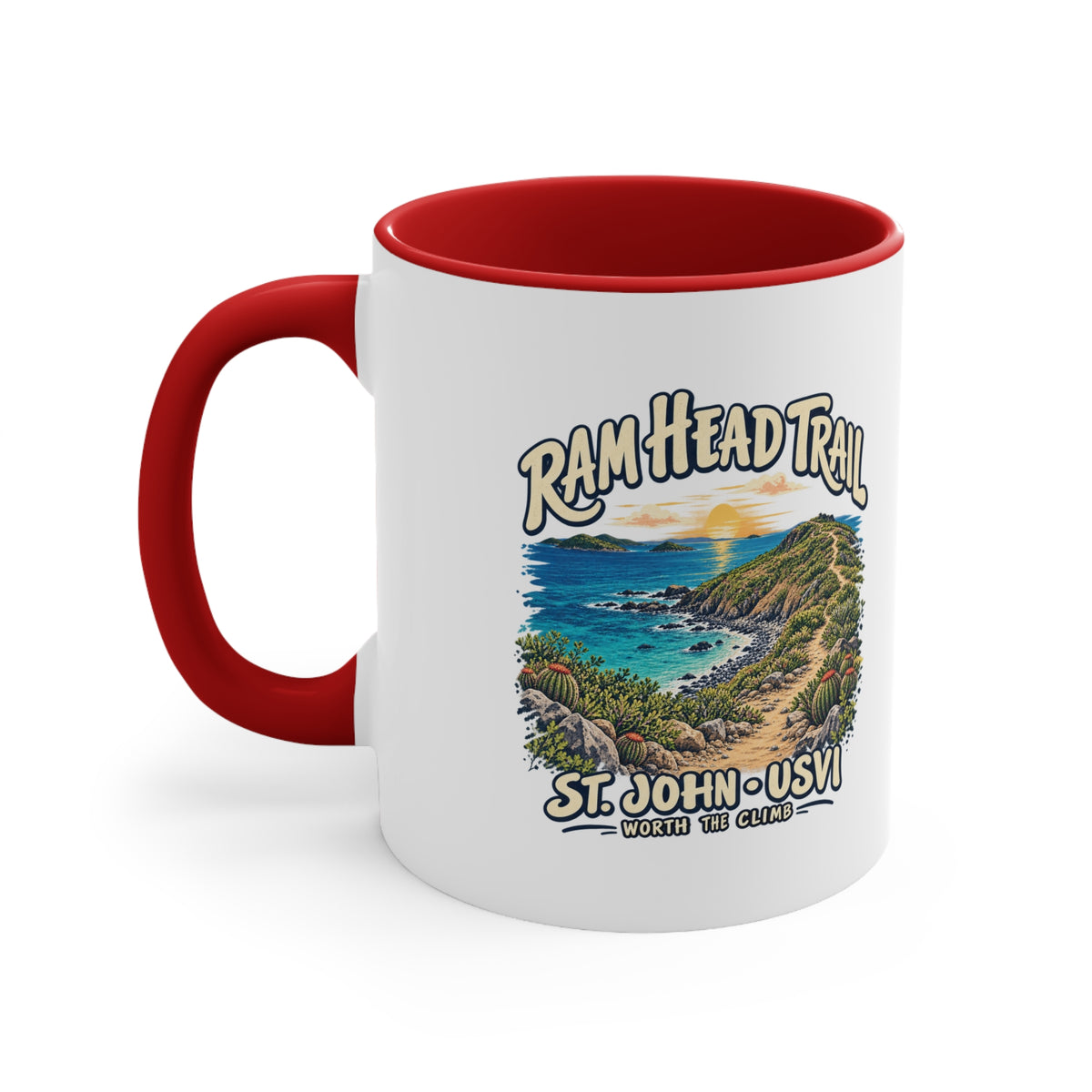 Ram Head Trail St John USVI coastal artwork on the printed side of a ceramic accent coffee mug.