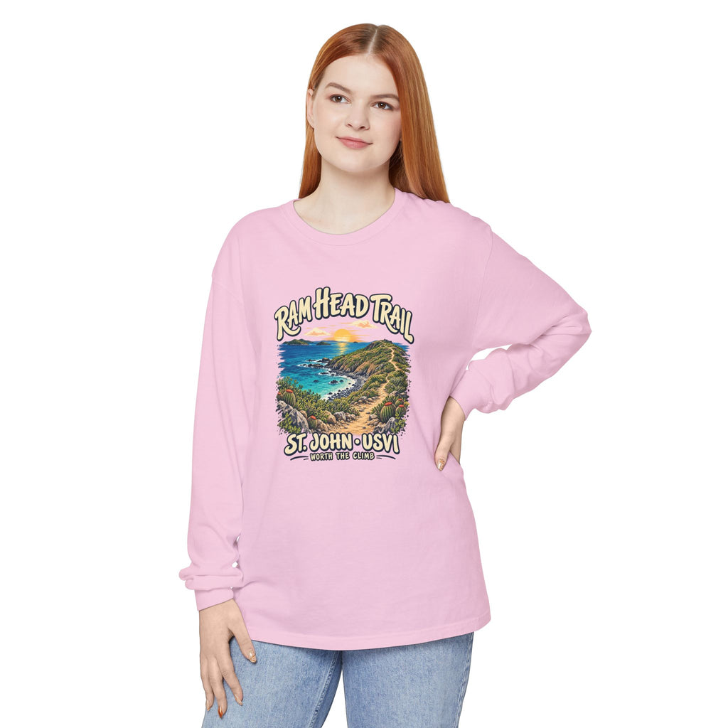 Model mockup of a Comfort Colors 6014 long-sleeve shirt featuring Ram Head Trail, St. John USVI coastal artwork and Worth the Climb lettering.