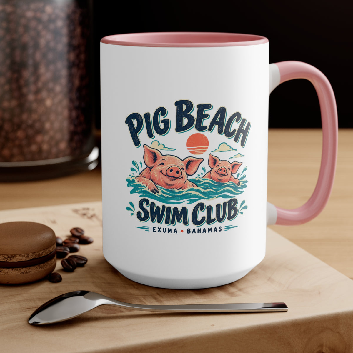 Pig Beach Swim Club Exuma Bahamas accent mug with colorful swimming-pig artwork printed on both sides.