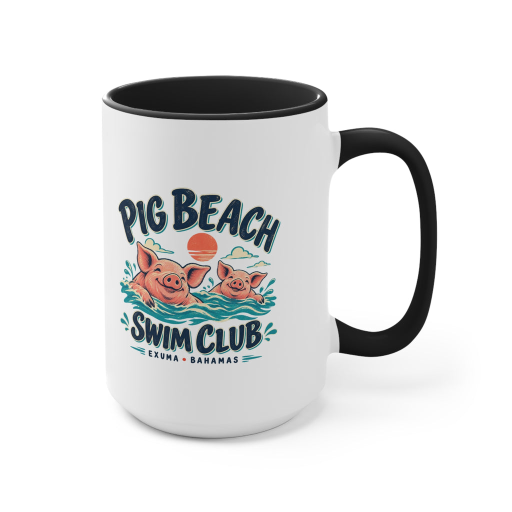 Pig Beach Swim Club Exuma Bahamas accent mug with colorful swimming-pig artwork printed on both sides.