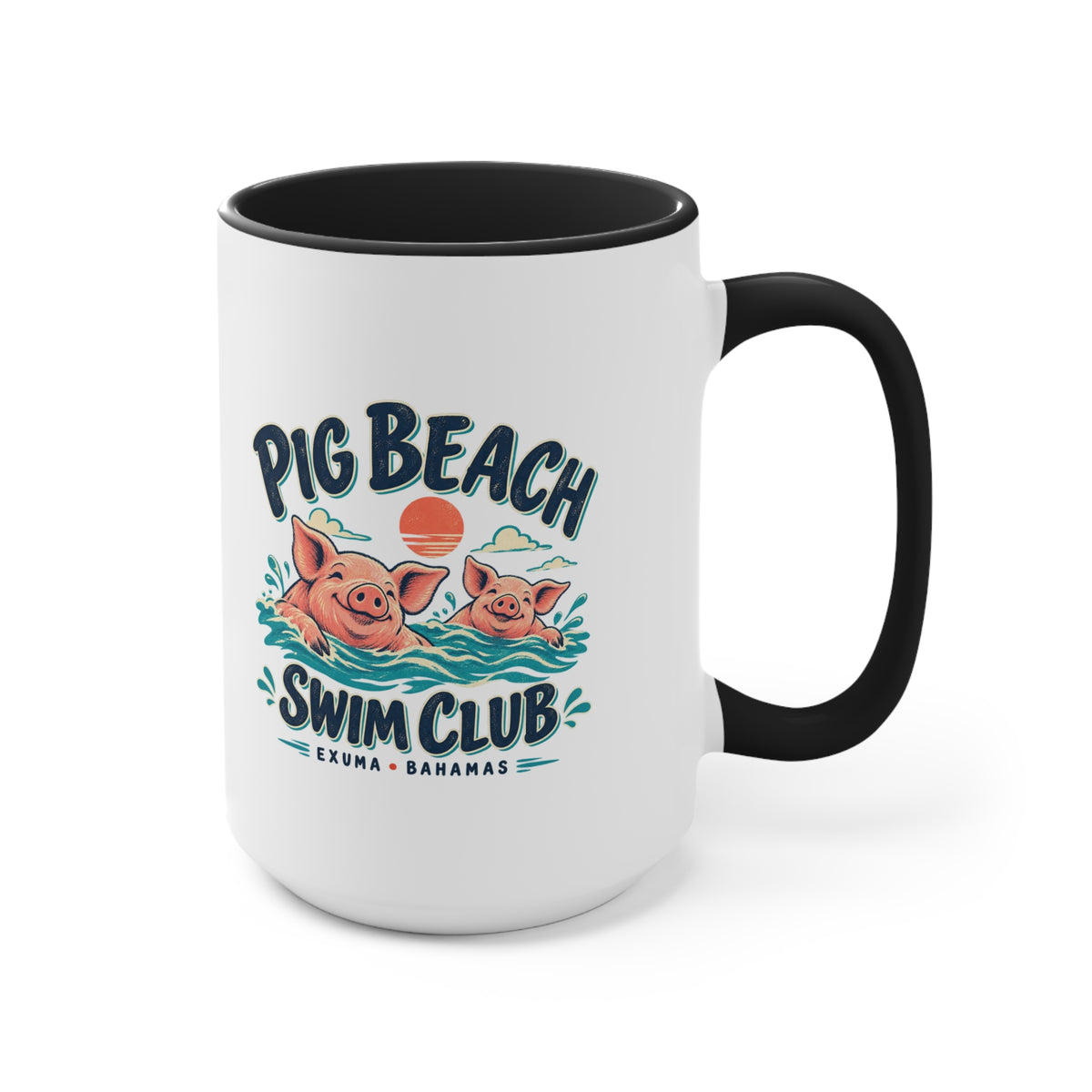 Pig Beach Swim Club Exuma Bahamas accent mug with colorful swimming-pig artwork printed on both sides.