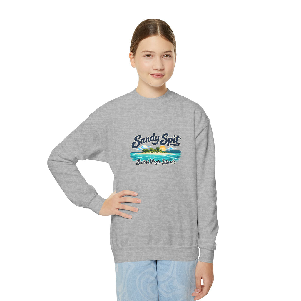Youth model wearing the Sandy Spit BVI Gildan 18000B sweatshirt with enlarged island artwork placed higher on the chest.