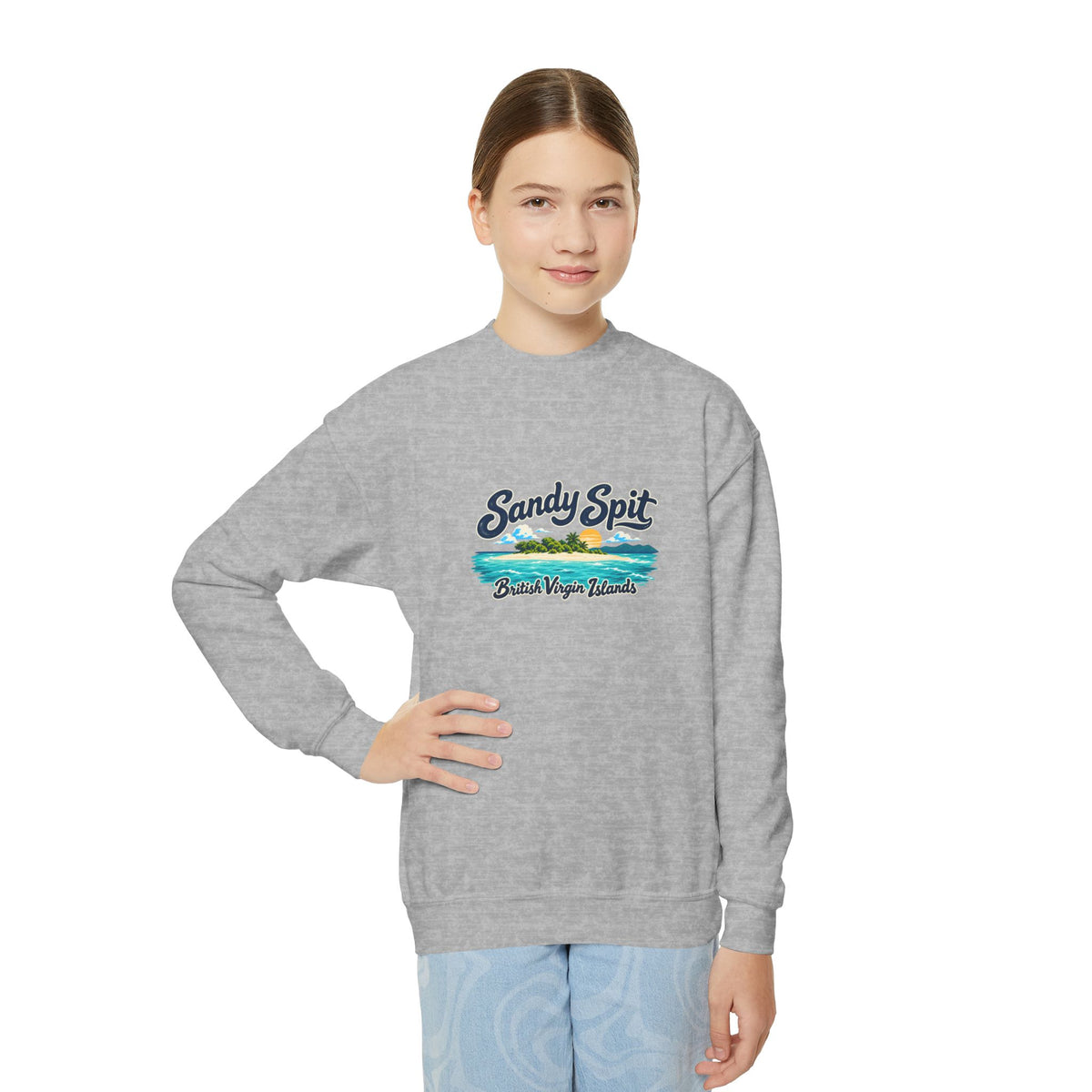 Youth model wearing the Sandy Spit BVI Gildan 18000B sweatshirt with enlarged island artwork placed higher on the chest.