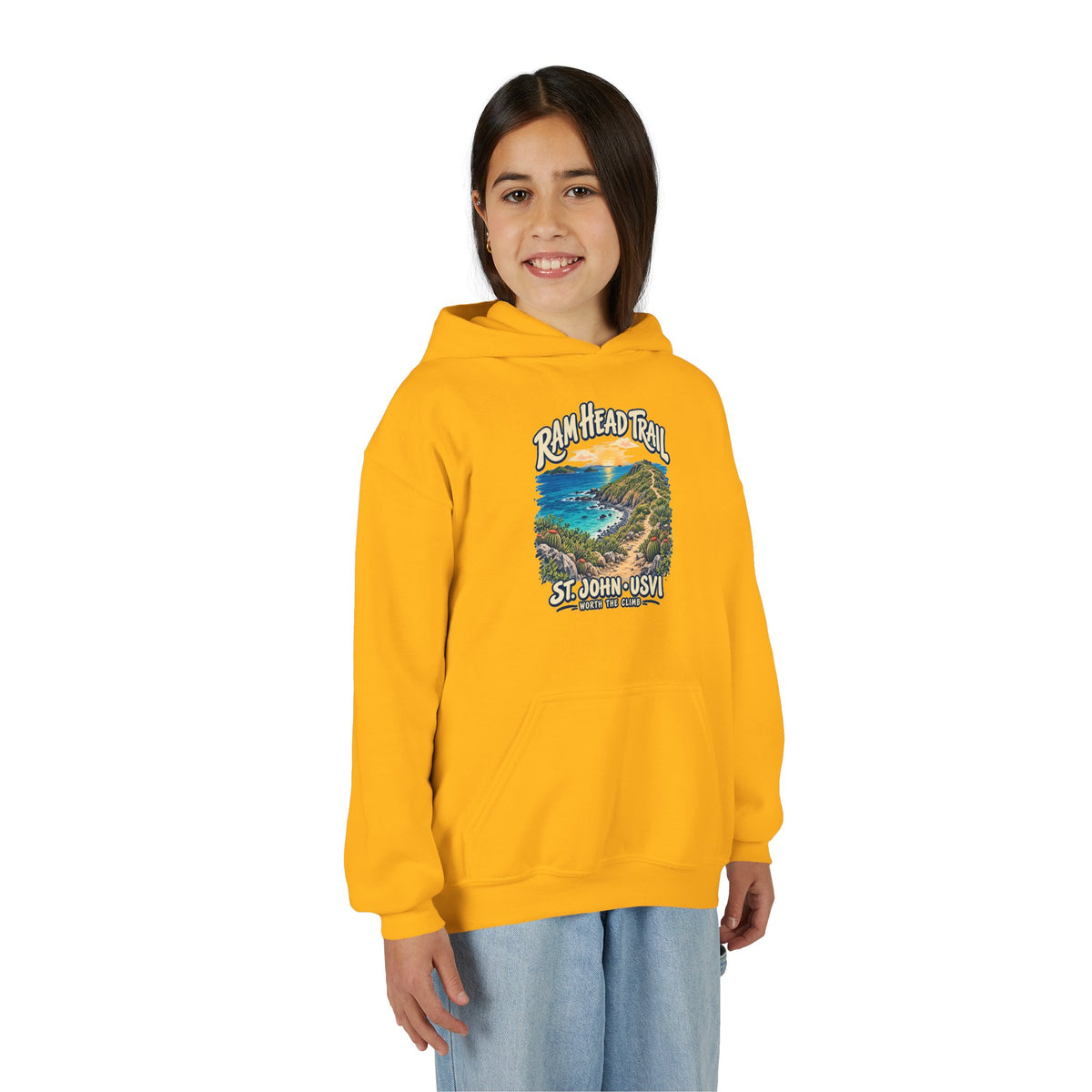 Youth model wearing a Gildan 18500B hoodie with Ram Head Trail St John USVI coastal artwork.