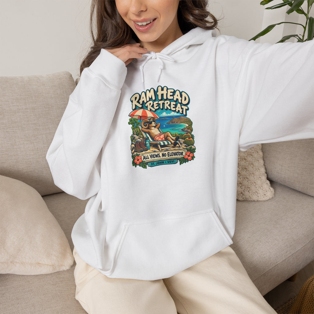 Model wearing a Ram Head Retreat St John USVI Gildan 18500 hoodie with lounging ram artwork.