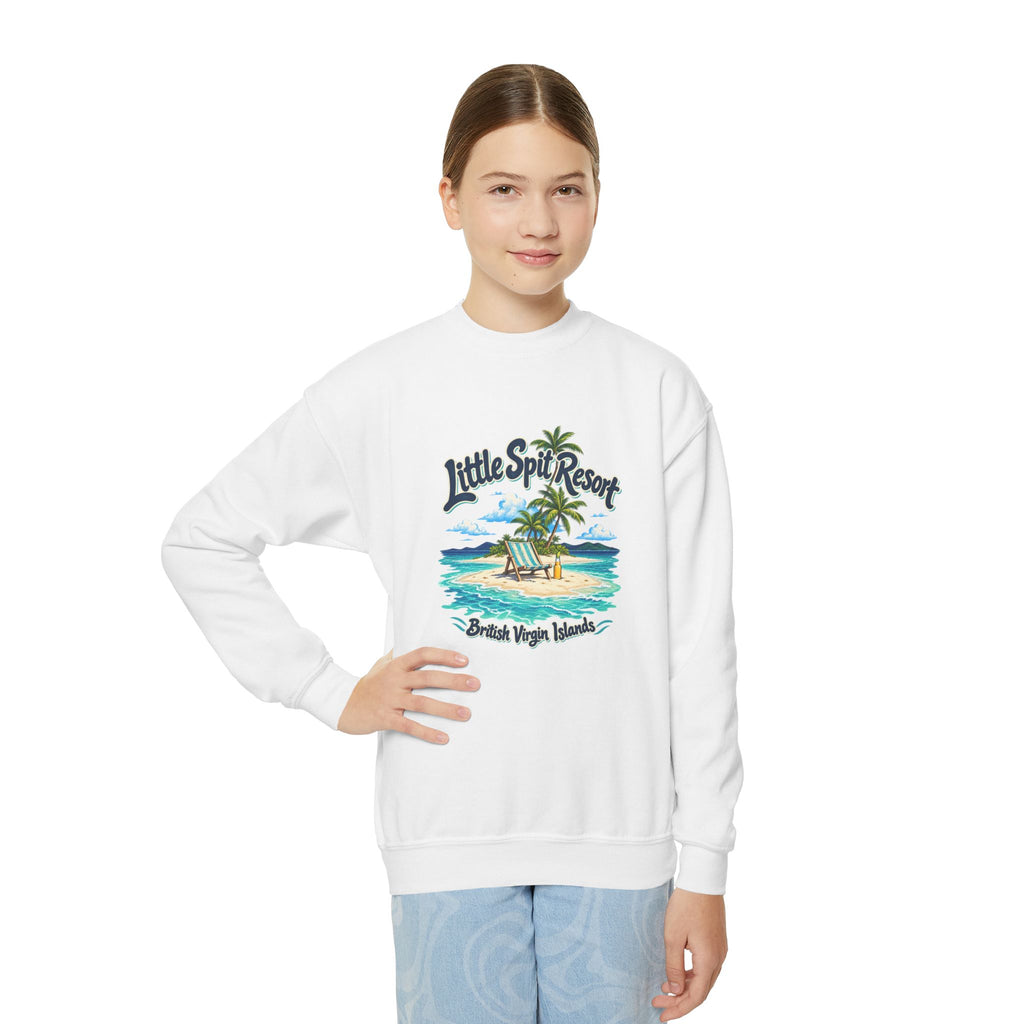 Youth model wearing the Little Spit Resort BVI Gildan 18000B sweatshirt with enlarged tropical artwork aligned high on the chest.
