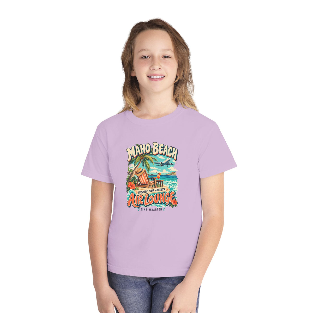 Maho Beach Air Lounge Sint Maarten Comfort Colors 9018 Youth T-Shirt featuring the Maho Beach destination artwork, supplier product mockup