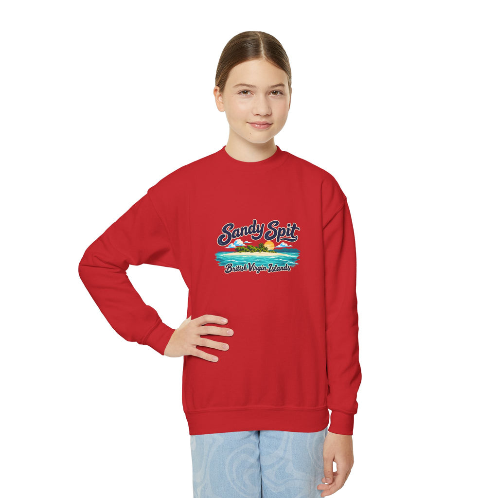 Youth model wearing the Sandy Spit BVI Gildan 18000B sweatshirt with enlarged island artwork placed higher on the chest.