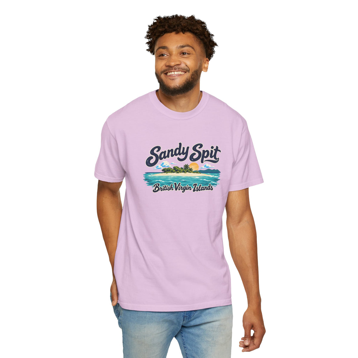 Model wearing the Sandy Spit BVI Comfort Colors 1717 T-shirt with colorful palm-tree island artwork and British Virgin Islands lettering.