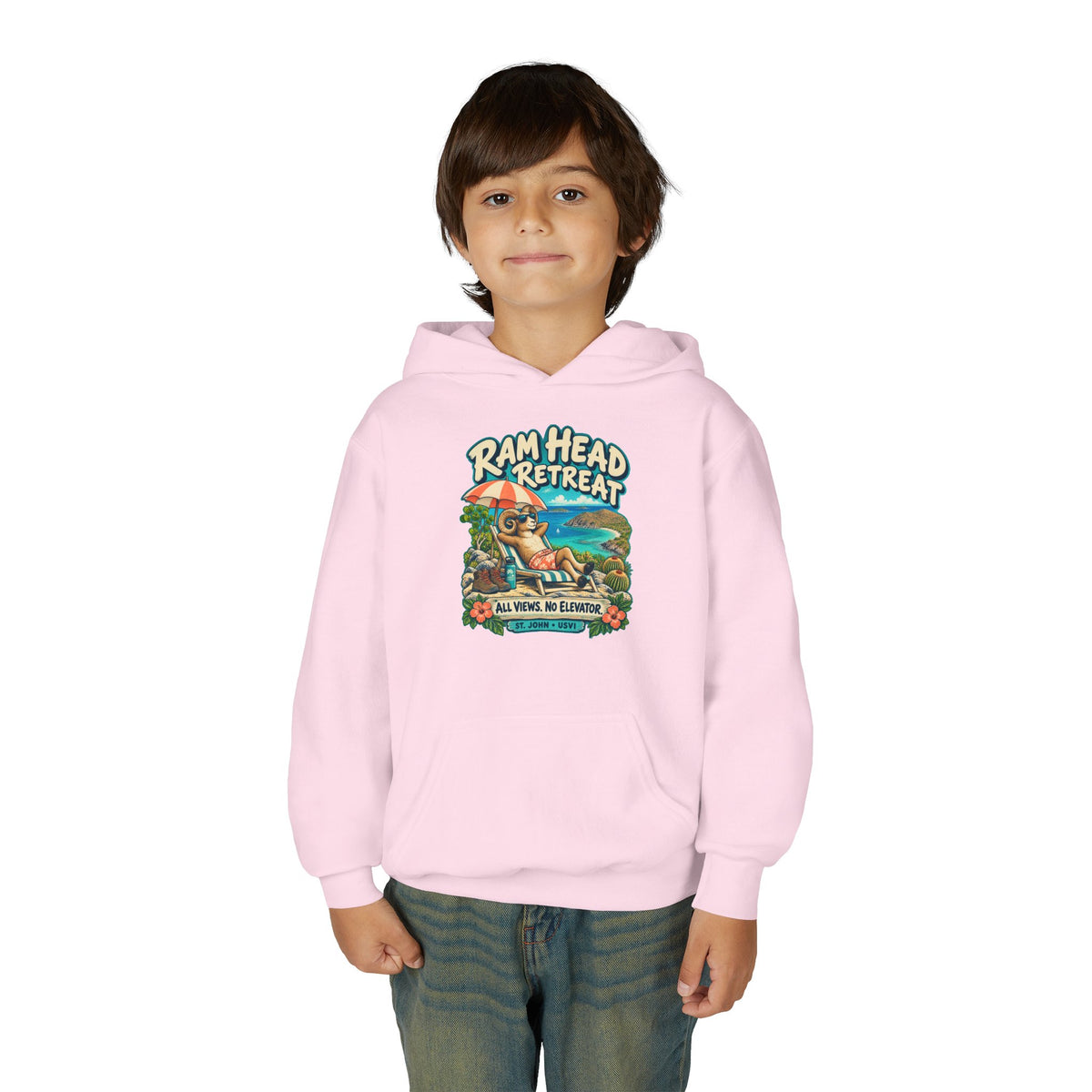 Model wearing Ram Head Retreat St John USVI Gildan 18500B Youth Hoodie with the lounging ram retreat design.