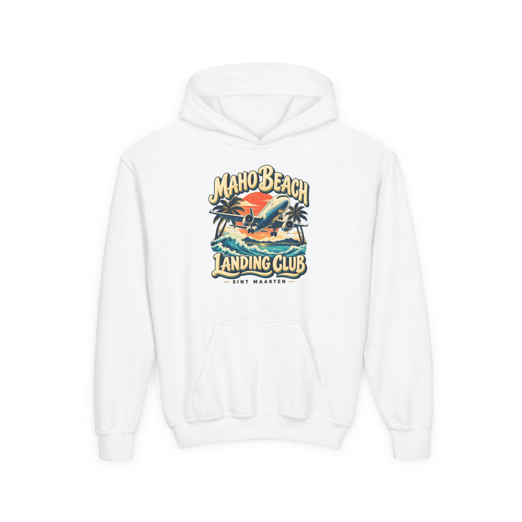 Maho Beach Landing Club Sint Maarten Gildan 18500B Youth Hoodie featuring the Maho Beach destination artwork, supplier product mockup