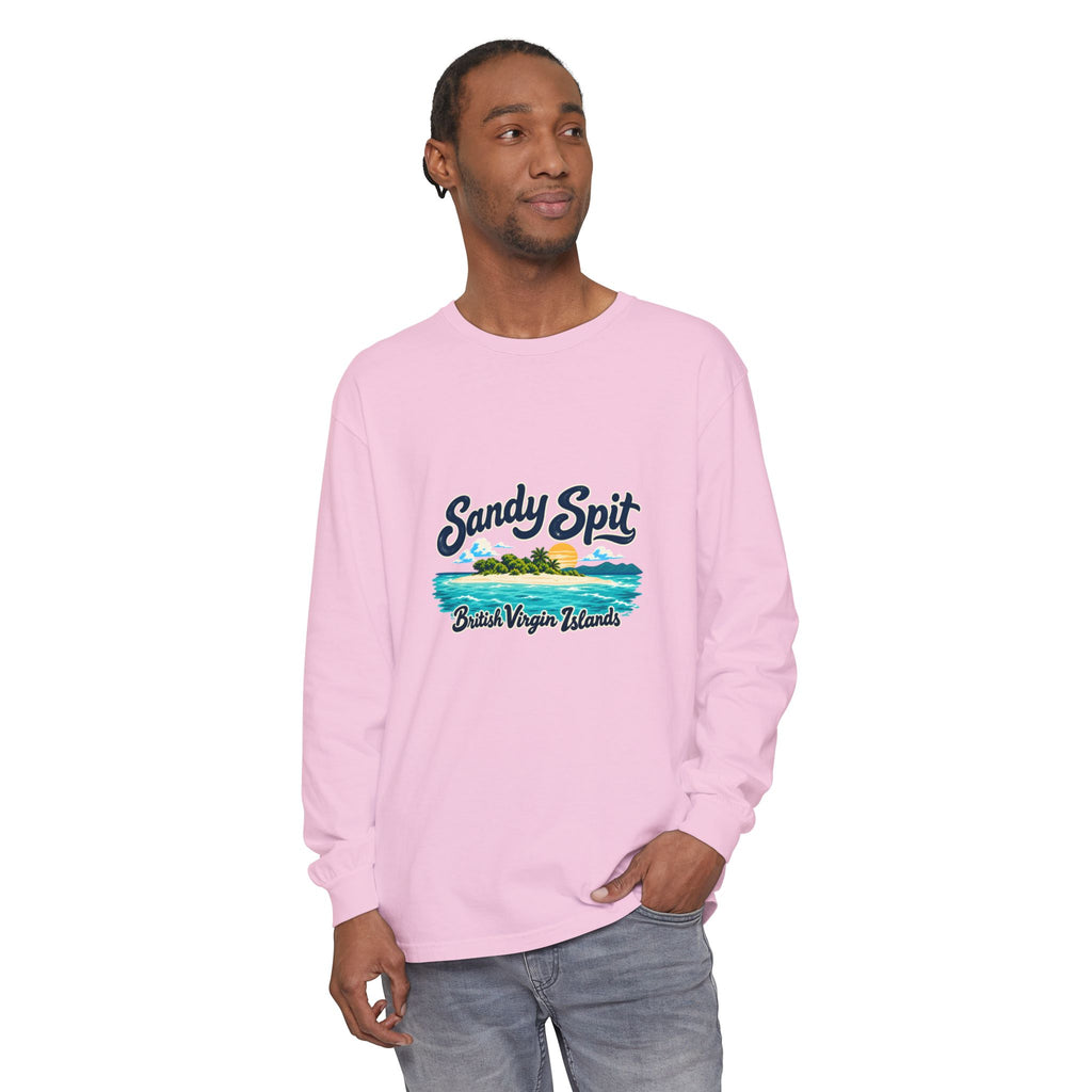 Model wearing the Sandy Spit British Virgin Islands Comfort Colors 6014 long-sleeve T-shirt.